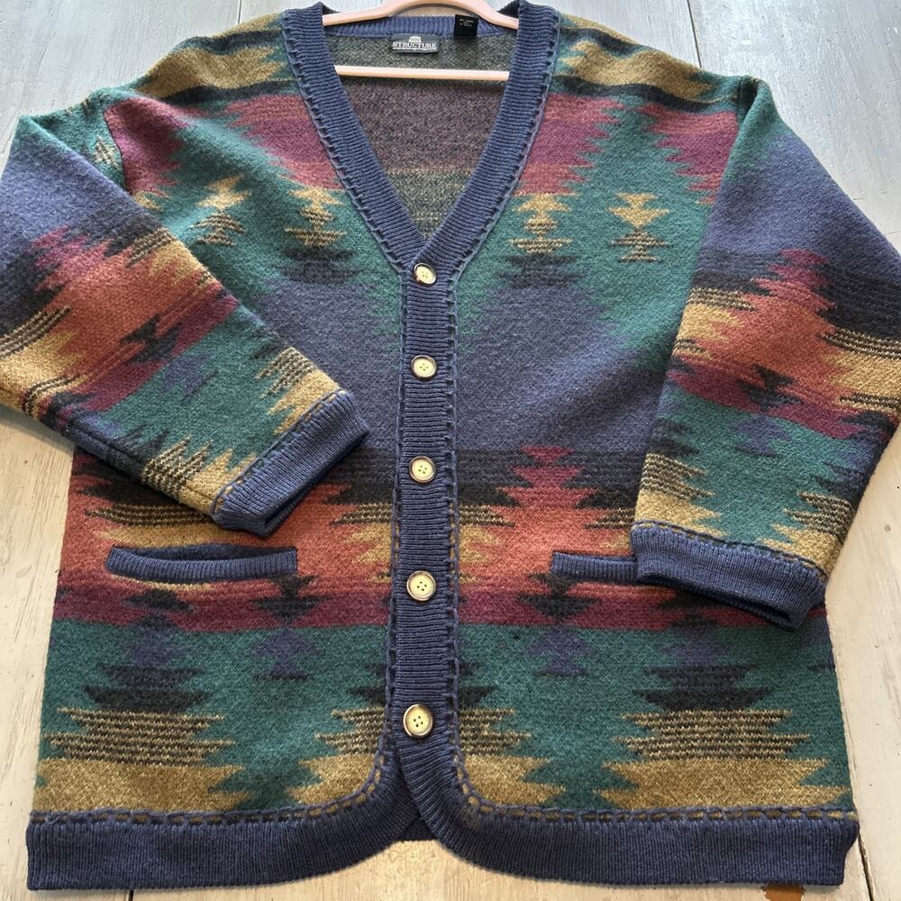 Vtg Structure Southwest Aztec Button Front Cardigan 100% Wool Men’s XL 90s Y2K